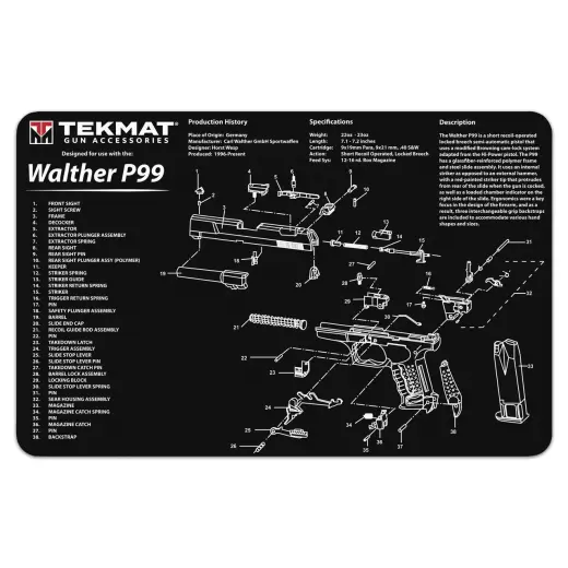TekMat podložka pro čištění a údržbu zbraní s potiskem modelu Walther P99. Tyto 17&quot; (43cm) podložky TekMat jsou dostatečně velké, aby se na ně vešla plně rozebraná pistole a zbylo místo na nářadí a příslušenství.&nbsp;