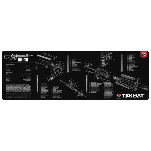 Tappetino TekMat per la pulizia e la manutenzione delle armi stampato con il modello ArmaLite AR-10. Questi tappetini TekMat da 36&quot; (91 cm) sono abbastanza grandi da adattarsi a un fucile completamente smontato, con spazio a disposizione per attrezzi