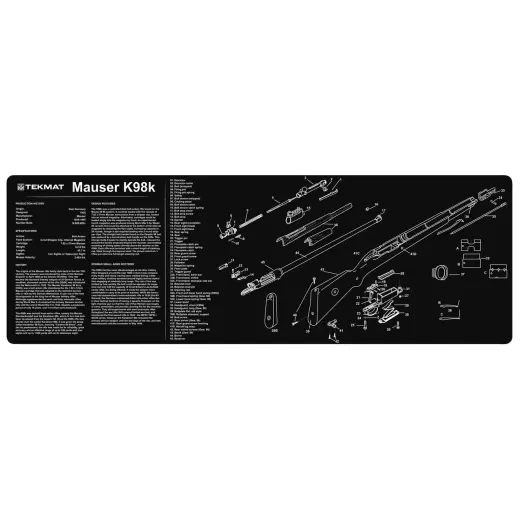 Tappetino TekMat per la pulizia e la manutenzione delle armi stampato con il modello Mauser K98. Questi tappetini TekMat da 91 cm (36&quot;) sono sufficientemente grandi per adattarsi a un fucile completamente smontato e lasciano spazio per attrezzi e acc