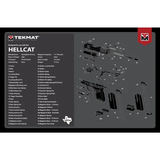 TekMat gun cleaning and maintenance mat printed with Springfield Hellcat model. These 17&quot; (43cm) TekMat pads are large enough to fit a fully disassembled pistol with room left over for tools and accessories.&nbsp;