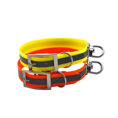 Collare per cani da tracciamento con striscia riflettente in materiale BIOTHANE, resistente e facilmente lavabile. Colore arancione, lunghezza 55 cm.