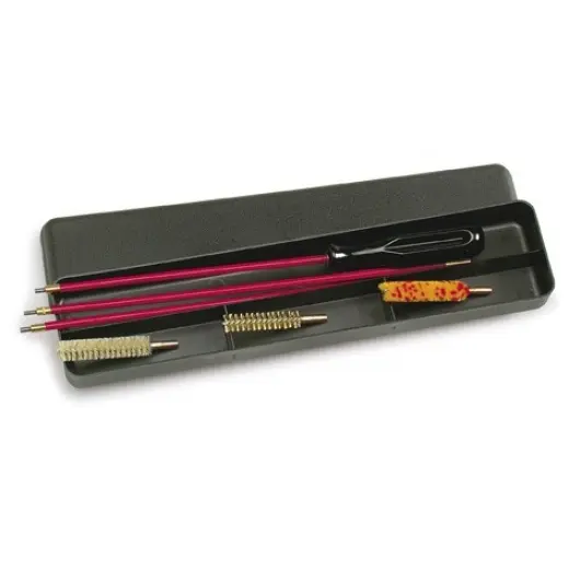 Kit de nettoyage compact pour fusils. Boîte contenant un ensemble de brosses en laiton et en nylon, un balai de laine et une tige de nettoyage pliante.