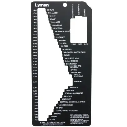 Lyman E-Zee Case Gauge II to tablica z wymiarami długości łusek tylkodo najbardziej popularnych kalibrów.