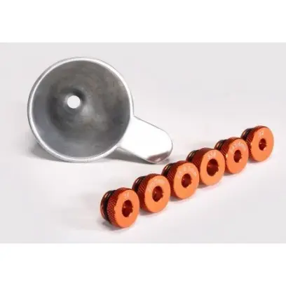 Der Pulvertrichter kommt mit Einsätzen für die Kaliber  .22, .243 / 6 mm, .25 / 6,5 mm, .270 / 7 mm, .30 und 338.