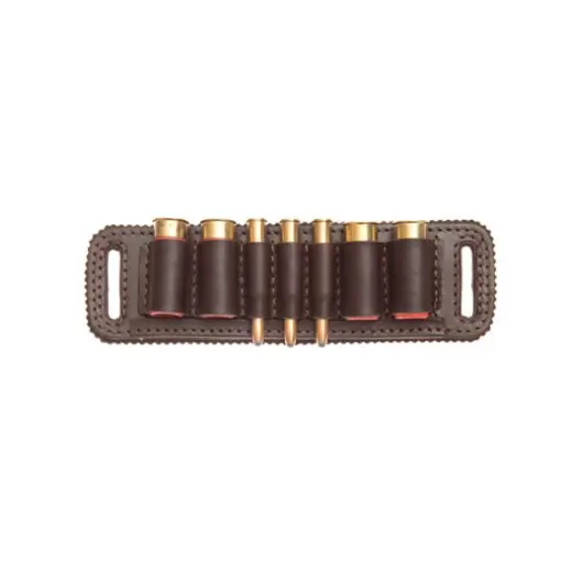 Combination belt slide (belt loop) of cowhide for 4 shot and 3 bullet cartridges. Brown felt lining.