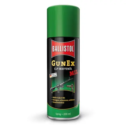 Ballistol GunEx MIL CLP Gun Oil Spray (200 ml) Huile multifonction en aérosol pour armes, nettoie, lubrifie et protège même dans des conditions extrêmes. Élimine les résidus de poudre, la suie ainsi que les dépôts de plomb et de tombac, tout en protégeant contre la corrosion et l’usure.