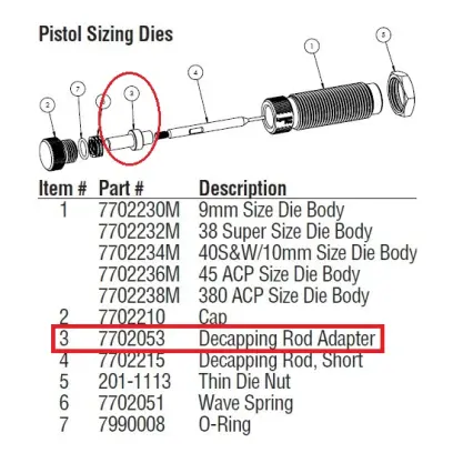 Decapping Rod Adapter (#7702053). Originální náhradní díl č.3 pro pistolovou karbidovou matrici Lyman Pro Carbide Sizing Die.