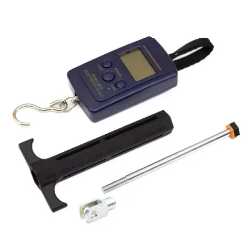 Tester pružiny zpětného rázu pistole. Digitální měřidlo ukazuje opotřebení pružiny a potřebu její výměny. Kompatibilní s pružinami s vnitřním průměrem nad 6 mm až do vnějšího průměru 12 mm.