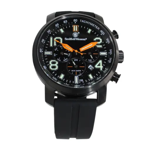 Smith & Wesson Watch with stopwatch - black Black Smith & Wesson Tritium Chronograph Gold. Stainless steel watch case, rotating bezel, tachymetric scale, date display, tritium backlight, 10ATM water resistance, silicone strap, size 45 x 13 mm.
