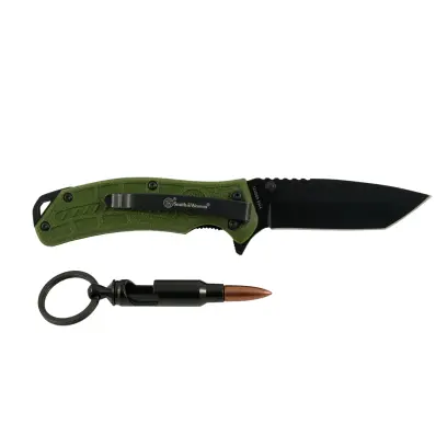 Taktyczny nóż kieszonkowy z ostrzem Tanto ze stali nierdzewnej, otwieraniem sprężynowym i blokadą Liner Lock. W prezencie brelok do kluczy w kształcie naboju, s łużący jako otwieracz do butelek.