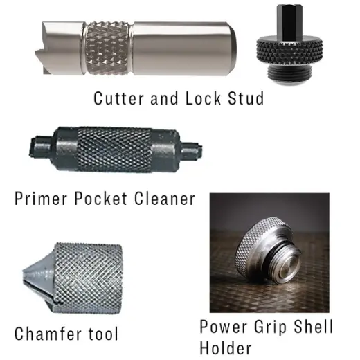 LEE Deluxe Case Conditioning Combo Set di utensili universali per la rifilatura dei bossoli in ottone e la pulizia delle tasche degli inneschi. Include un porta bossoli Power Grip per una lavorazione più rapida dei bossoli.