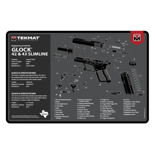TEKMAT GLOCK 42 & 43 Waffenreinigungsmatte TekMat Waffenreinigungs- und Wartungspad mit GLOCK 42/43 Modellaufdruck. Diese 17" (43 cm) großen TekMat-Pads sind groß genug, um eine vollständig zerlegte Pistole aufzunehmen, wobei noch Platz für Werkzeuge und Zubehör bleibt.