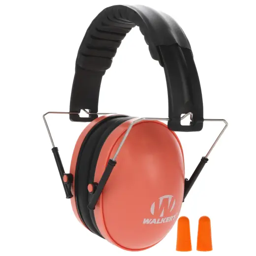 Ear Muffs Walkers YOUTH & WOMENS - Coral Passive earmuffs with noise reduction of 23 dB (31 dB when combined with foam earplugs). Low-profile ear cups, ultra-light padded construction. Suitable for smaller heads (women, youth). Coral color.