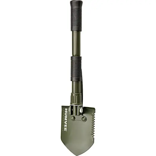 HUMVEE Folding Shovel 01 Pala pieghevole portatile, realizzata in resistente acciaio al carbonio, misura 15,5 cm piegata e 41 cm completamente estesa. È dotata di bordo per sega, piccone e comoda impugnatura in gomma. Peso 530 g.