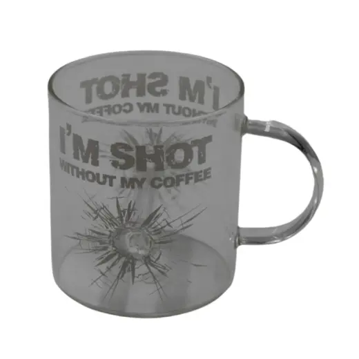 Glass Mug with Bullet Hole Effect Glass mug with a realistic bullet hole effect and the inscription “I’M SHOT WITHOUT MY COFFEE.” A perfect gift for anyone who doesn’t function without their coffee! Approx. capacity: 540 ml.