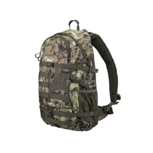 Silent and durable hunting backpack with 21-liter capacity, rifle/bow pocket, compression straps, back support system, hydration pocket, and integrated rain cover. Color: Veil Canyon Grey.