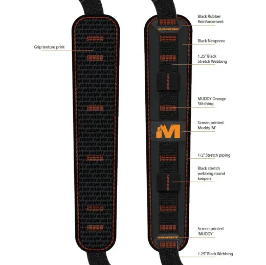 Pružný neoprenový řemen MUDDY SUMMIT RIDGE s rychloupínací QD montáží, protiskluzovou úpravou a poutky na 4 náboje. Šíře 3,2 cm. Černá barva s oranžovým prošitím.