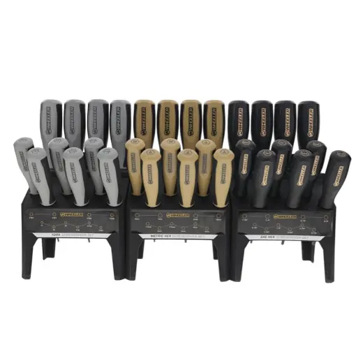 Velká sada 30 šroubováků SAE Hex, metrických Hex a Torx v praktickém stolním organizéru. Rukojeti jsou barevně odlišené a označené velikostí pro rychlou identifikaci. Perfektní sada do každé dílny.