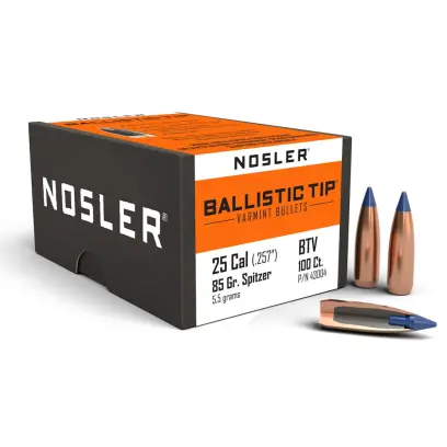 Střely Nosler Ballistic Tip Varmint .25 Cal, dia .257, 85grs (100 ks) Střela Nosler Ballistic Tip Varmint .25 Cal, dia .257, 85grs (5,5g). SKU: 43004
