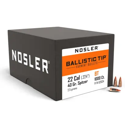 Bullets Nosler Ballistic Tip Varmint .22 cal, dia .224, 40grs (1000 pcs) Proiettile Nosler Ballistic Tip Varmint .22 cal, dia .224, 40gr (2,5g). SKU: 62634.