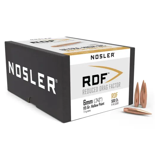 Střely Nosler RDF 6mm, dia .243, 115grs (500 ks) Střela Nosler Reduced Drag Factor (RDF) 6mm, dia .243, 115grs (7,4g). SKU: 53518