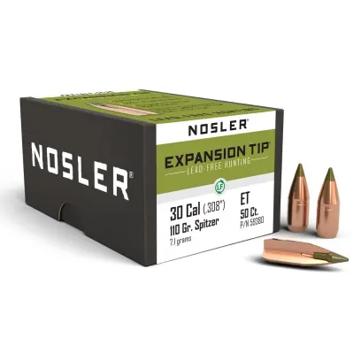 Proiettile monolitico senza piombo Nosler Expansion Tip (E-Tip) .30 Cal, dia .308, 110grs (7,1g). SKU: 59380