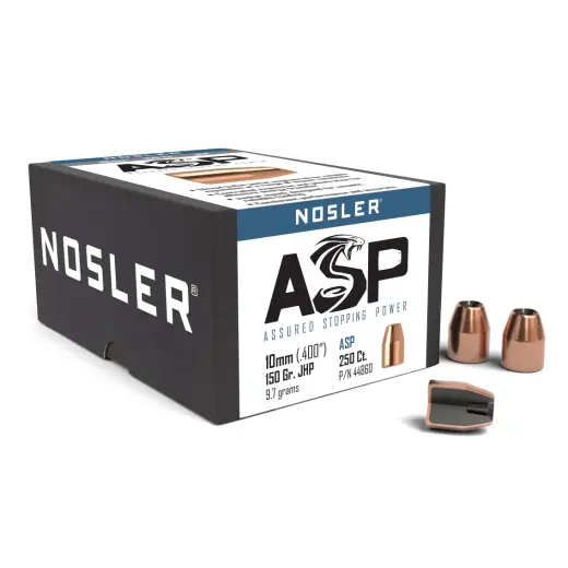Bullets Nosler Assured Stopping Power 10mm, dia .400, 150grs JHP (250 pcs) Bullet Nosler JHP ASP (Assured Stopping Power) 10mm, dia .400, 150grs (9,7g). SKU : 44860
