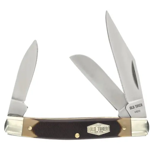 Classico coltello da tasca pieghevole con tre lame in acciaio inossidabile (6,1 cm, 5,1 cm e 4,3 cm). Manico strutturato con taglio a sega ed eleganti bolster in alpacca. Leggero e compatto, ideale per il trasporto quotidiano.
