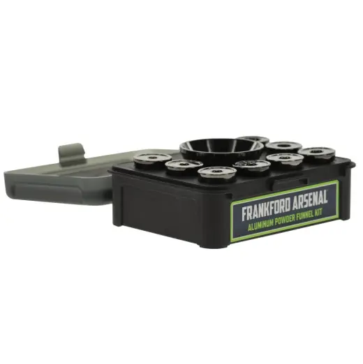 Frankford Arsenal ALUMINUM POWDER FUNNEL Pulvertrichter mit 8 austauschbaren Adaptern für die meisten gängigen Kaliber ab .17 – inklusive praktischer Aufbewahrungsbox. Aluminiumtrichter verfügt über antistatische Premium-Oberfläche.