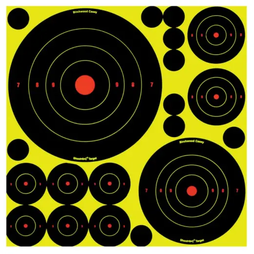 Öntapadós BIRCHWOOD CASEY célpontok réteges kialakítással és színes találatjelzéssel. 5 íves csomag: 50 célpont (5×⌀20 cm, 5×⌀14 cm, 10×⌀8 cm, 30×⌀5 cm) és 50 ⌀2,5 cm javító matrica.
