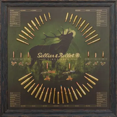 Decorative Sellier & Bellot board with displayed rifle cartridges and bullets in a wooden frame. A stylish collector’s and gift piece for hunters, shooters and S&B enthusiasts.