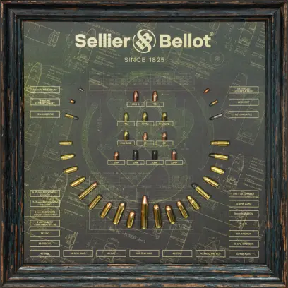 Decorative Sellier & Bellot board with displayed pistol cartridges and bullets in a wooden frame. A stylish collector’s and gift piece for hunters, shooters and S&B fans.