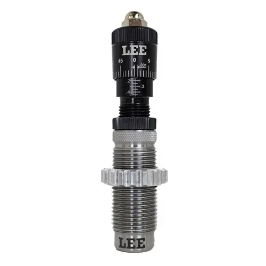 .38/.357 Carbide Factory Crimp Die with Micrometer Seater Adapter L'adattatore micrometrico trasforma la matrice LEE Carbide Factory Crimp in un utensile 3 in 1: inserimento del proiettile, crimpatura della bocca del bossolo e ulteriore post-dimensionamento dopo l'inserimento, il tutto in un unico passaggio.