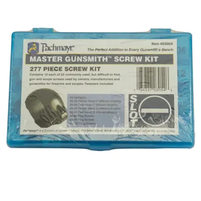 Master Gunsmith 277 Piece Firearm Screw Kit 277-piece screw kit for firearm maintenance and repairs. Contains 23 types of hard-to-find screws in various lengths. Neatly organized in a box with tweezers. Ideal for gun owners and gunsmiths.
