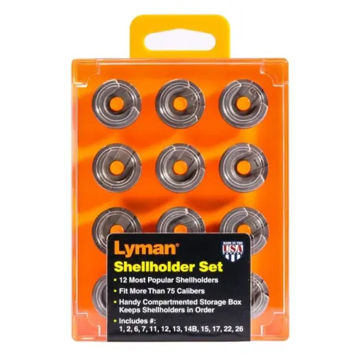 Il set Lyman include 12 shellholder più usati (1, 2, 6, 7, 11, 12, 13, 14B, 15, 17, 22, 26) compatibili con oltre 75 calibri di pistole e fucili. Ordinati in una pratica scatola.
