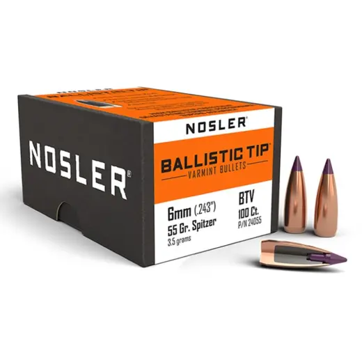 Střely Nosler Ballistic Tip Varmint 6mm, dia .243 55grs Střela Nosler Ballistic Tip Varmint 6mm, dia .243, 55grs (3,6g). SKU: 24055