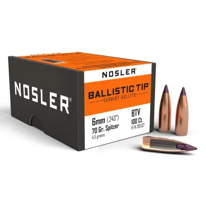 Střely Nosler Ballistic Tip Varmint 6mm, dia .243 70grs Střela Nosler Ballistic Tip Varmint 6mm, dia .243, 70grs (4,5g). SKU: 39532