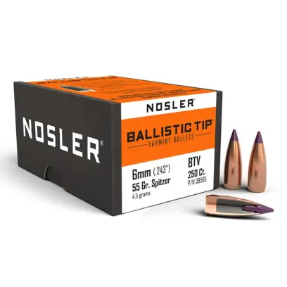 Střely Nosler Ballistic Tip Varmint 6mm, dia .243 55grs (250 ks) Střela Nosler Ballistic Tip Varmint 6mm, dia .243, 55grs (3,5g). SKU: 39565