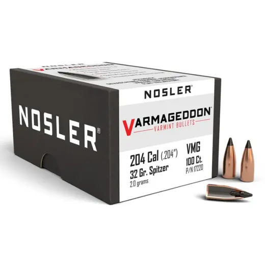 Bullets Nosler Varmageddon .204 cal, dia .204, 32grs (100 pcs) Proiettile Nosler Varmageddon FB Tipped .204 Cal, dia .204, 32grs (2g). SKU: 17220