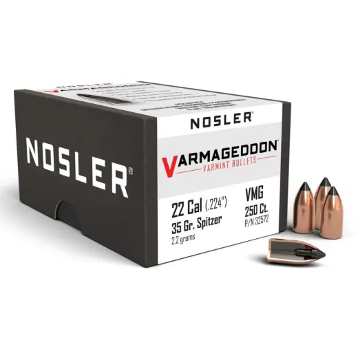 Bullets Nosler Varmageddon .22 Cal, dia .224, 35grs (250 pcs) Balle Nosler Varmageddon FB Tipped .22 Cal, dia .224, 35grs (2,2g). SKU : 32572