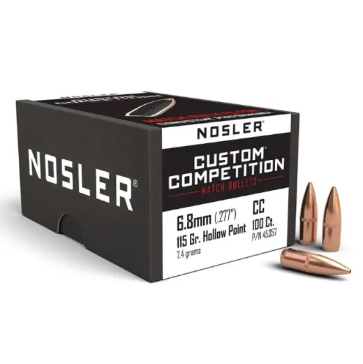 Balle Nosler Custom Competition 6,8 mm, dia .277, 115 grs (7,4 g), HPBT Cann .530. SKU : 45357