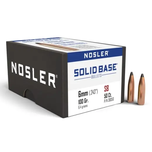 Bullets Nosler Solid Base SP 6mm, .243 dia, 100gr (50 pcs) Bullet Nosler Solid Base SP 6mm, átmérő .243, 100gr (6,4 g). SKU: 38050