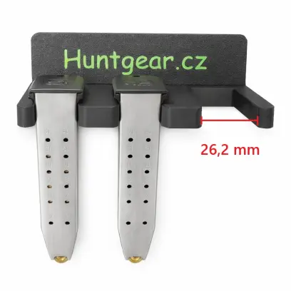 Magnetický držák zásobníků – 26,2 mm Magnetický držák zásobníků HUNTGEAR.CZ pro uchycení na trezor či jiný kovový povrch. Drážka: 26,2 mm. Např. pro Scorpion EVO 3 v ráži 9mm Luger, Glock 30S v ráži .45 ACP.