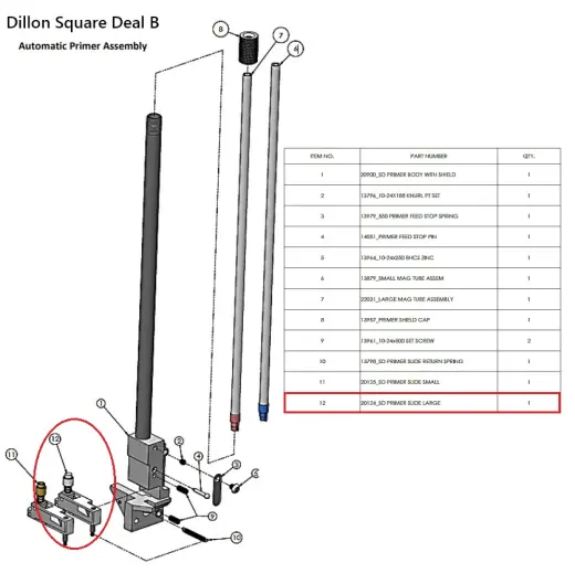 Dillon Square Deal B Primer Slide Assembly – Large Kompletní sestava ramena zápalkovače Dillon Square Deal B - pro velké zápalky. Originální náhradní díl č.20124.