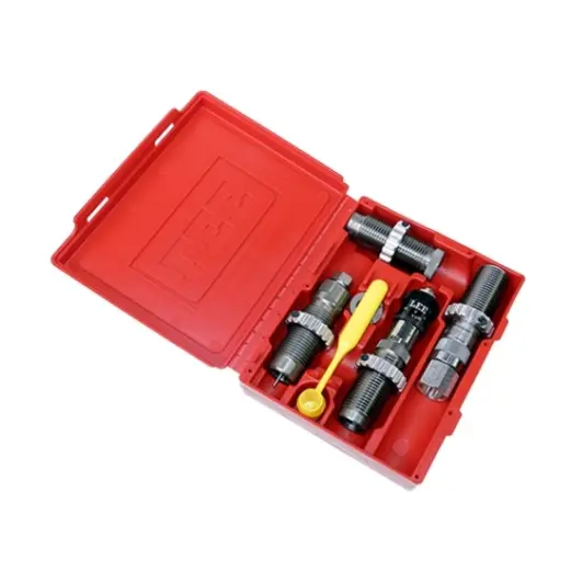 The set includes a full length sizing die, powder-through expanding die, micrometer seating die, and crimp die, a universal shell holder, a powder dipper, and instructions with reloading data.