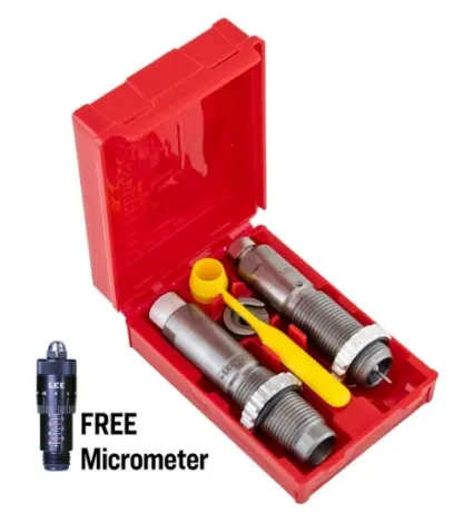LEE Full Length Sizing 2-Die Set + free Rifle Micrometer – .17 Remington Il set di matrici include la Matrice di Ridimensionamento a Lunghezza Completa, la Matrice di Inserimento, il Porta Bossolo, il Dosatore di Polvere e le Istruzioni con Dati di Ricarica. Filettatura matrice 7/8"-14.