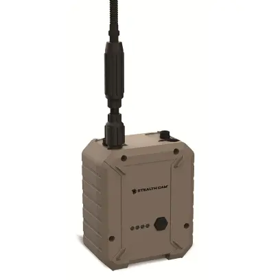 For long-term operation of Stealth Cam trail cameras with 12V input. Includes 1.2 m cable, adapters (locking and smooth), 4.5 mm connector and USB cable. Daisy-chain multiple batteries or connect a solar panel.