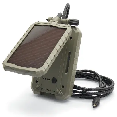 Solar panel 3,000 mAh with integrated Li-Ion battery for powering trail cameras. USB port, 12V output and cable approx. 3 m. Durable design for long-term outdoor use even in low light conditions.