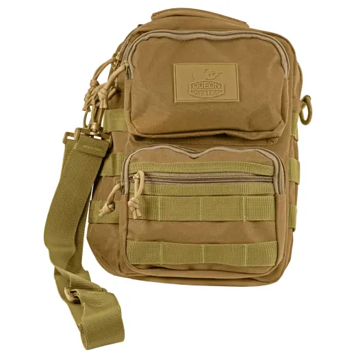 Tactical shoulder bag – sand Petit sac tactique à bandoulière avec système MOLLE et cinq poches zippées.