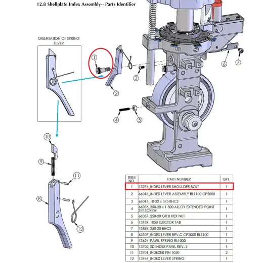 Dillon S1050/RL1100/CP2000 Index Lever Shoulder Bolt Originální náhradní díl pro přebíjecí lisy Dillon Super 1050, RL1100 a CP2000. INDEX LEVER SHOULDER BOLT (#13276).